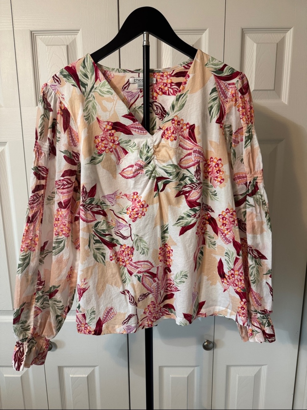 Chico's Floral V-Neck Blouse in Pink, Cream & Green
